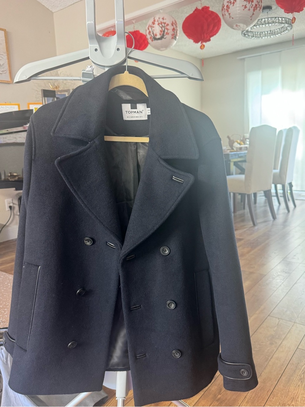 Topman Black Double-Breasted Wool Peacoat